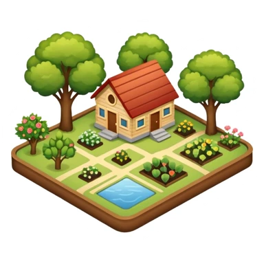 An icon featuring a local map, symbolizing local gardening. The design includes a different trees, and 1 tiny wooden house, shrubs, beds. Transparent background sticker