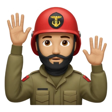 surrenders, depicts an Iraqi soldier from 1980, with a beard, in a helmet, with a balaclava, with a sad face and raised hands sticker
