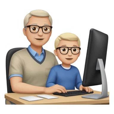 Middle aged man with glasses working at his desk, with his child sitting behind him on the headrest of his chair looking at his computer sticker