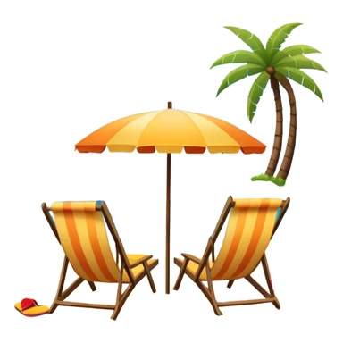 Icon for Beach Tourism: a sandy beach with a ocean skyline in the background, lounge chair, sun umbrella and flip-flops. The icon should capture the relaxation and fun of a beach vacation. Transparent background sticker