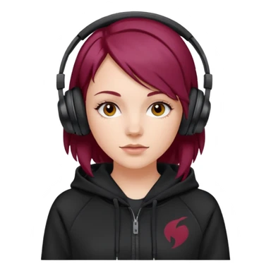 white girl with burgundy hair, black deportive hoodie and black headphones sticker