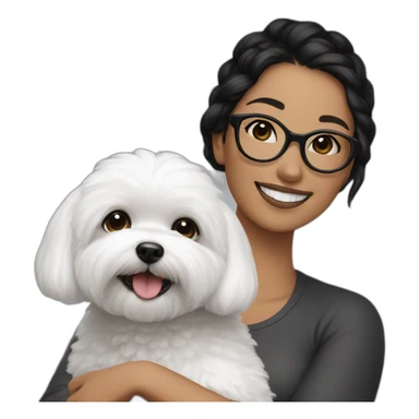 woman-black hair-bun-with glasses-with bichon dog-white-smile sticker