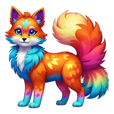Vibrant multicolored neon-colored Falvie-Fionbri-creature-sparkle-feline-canine-hybrid-fursona, full body, fur pattern-markings sticker