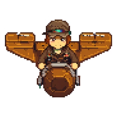 brown male wearing a hat sitting on an aircraft, pixel art style sticker