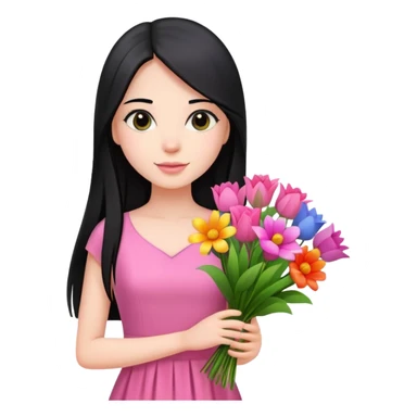 Beautiful girl with long straight black hair, fair skin, wearing pink dress, holding a bouquet of colorful flowers sticker