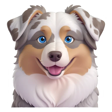 smiling Australian Shepherd dog, close-up face, one blue eye, one brown eye, fluffy merle fur, cute sticker