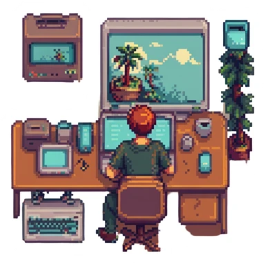 web developer coding on laptop, pixel art style, retro computer sticker