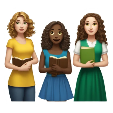 3 white women, one has long brown curly hair and a dress holding books, one medium height with brown long wavy hair and green skirt and yellow top, one medium height with medium length brown wavy hair with a blue dress holding a kindle sticker