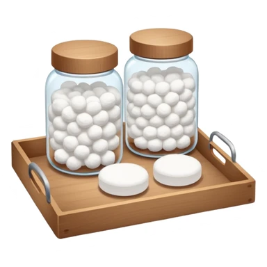 wooden tray with a jar of cotton balls, a jar of cotton swabs, a jar of cotton pads with wooden lids sticker