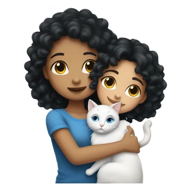 A black-haired girl with curly hair hugging a blue-eyed white cat sticker