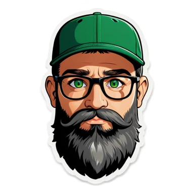 A bold man with a grey baseball cap, green eyes, big beard and glasses in love! sticker