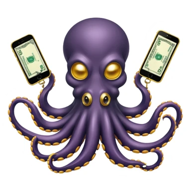 Intimidating octopus with pearl black skin, neon suction cups. Evil glaring eyes. Wearing white face mask and thick gold chain. 2 tentacles are holding their own cellphone, 2 more tentacles are holding stacks of money. sticker