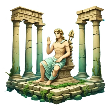Simple Atlantis underwater ruins with a large sunken statue, fallen columns, broken domes, ancient Greek-style statue partially broken sticker