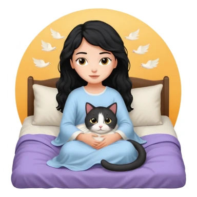 angelic black wavey hair girl in the bed with her cat sticker