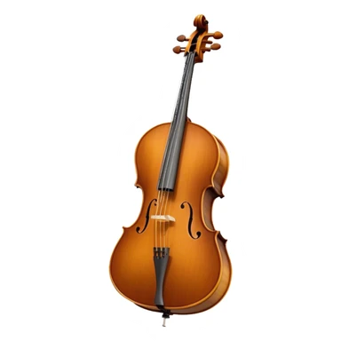 Create a refined and detailed emoji representing a Cremona cello with a bow. The design should feature the smooth, polished wooden body of the cello with a deep, rich tone color. The strings and tuning pegs should be visible, emphasizing the instrument's fine craftsmanship. Add a delicate bow placed gently across the strings, with intricate detailing on the hair and frog. Include subtle musical notes around the cello to evoke the graceful, classical sound. Use warm wood tones and accents like gold and silver for a professional, elegant look. The background should be transparent. sticker