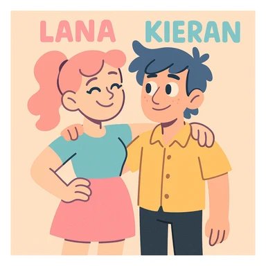 Lana and Kieran as a couple, standing together, in a soft pastel illustration style sticker