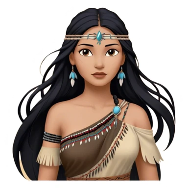 Cinematic Realistic Pocahontas Portrait, depicted with lifelike skin texture, soft natural lighting, and intricately detailed long, flowing raven-black hair that moves gracefully in the wind. Her deep, soulful dark brown eyes exude wisdom and strength, complemented by a serene yet powerful expression. She is dressed in her classic one-shoulder native american dress, with rich fabric textures and delicate beaded details that catch the light beautifully. The portrait features a soft, sun-kissed glow with a natural, radiant finish, capturing the essence of untamed beauty and deep connection to nature in a realistic and painterly style, evoking a sense of depth and authenticity. sticker