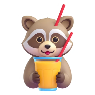 Show only the raccoon's face drinking through a straw in 3D emoji style, with no background, focusing on the microsoft style 3D fluent emoji look. sticker