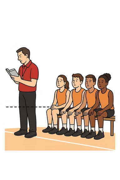 a coach is seen far away on the sidelines, partially turned away from the team or group, engaged in another activity (like reading, texting, or talking on the phone), while the athletes look toward them for support or instruction. The distance between coach and team is visually clear, symbolizing lack of presence. in italiano sticker