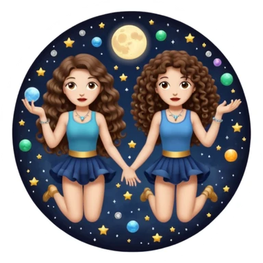 moon juggling — long wavy brown hair tattooed woman and short tight curly brown hair woman — tiny moons and crystals sticker