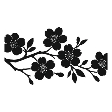 long sakura branch with solid fill, monochrome, large flowers, eastern style, no background, for sign decoration, 1200x100px sticker