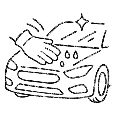hand-drawn outlined icon of a gloved hand on the hood of a high-end car, drops or shine, black and white details, soft motion lines, clean and modern sticker