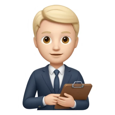 Apple Memoji-style 3D emoji of a manager character in a suit holding a clipboard, soft shading, rounded shapes, clean gradients, no background.
 sticker