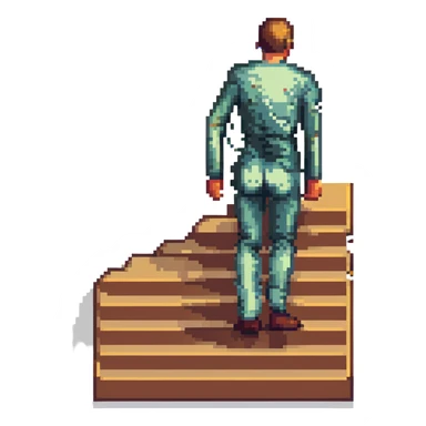 pixel art scene where a human and a staircase are fused, with the person’s torso or legs blending into the steps sticker