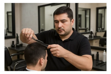 shu odamni sartaroshxonada mijozlarni sochini olayotganin  tasvirlab ber juda yosh ham katta ham bo'lmasin semiz ham bo'lib ketmasin sticker