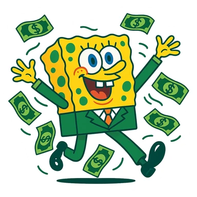 SpongeBob-inspired character in a green suit, surrounded by dollar bills, playful cartoon style sticker