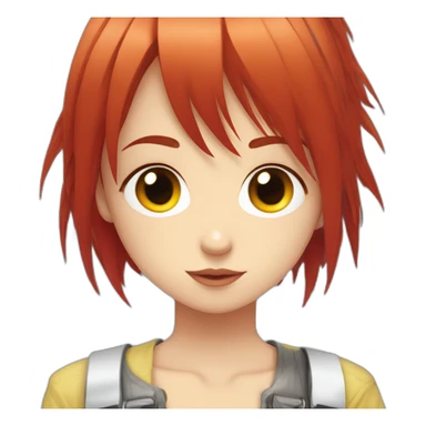 (gril) makima from the manga chainsawman with red hair fringe, yellow eyes with a circle inside sticker