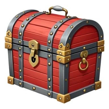 A red wooden treasure chest from an RPG, with metal hinges and a lock sticker