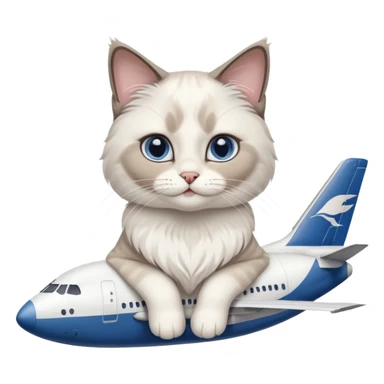 Cute ragdoll cat on an airplane. Should sit on top of the plane, cat is way bigger than airplane. Can you make the plane cooler like airbus a380 and the cat a bit happier? I liked the first and last pic out of these. Cat should be ragdoll with white and grey just like these sticker