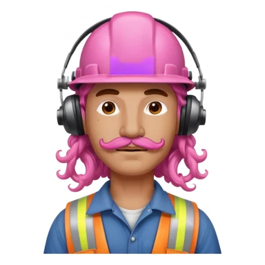 construction worker with pink long curly hair and protective headphones and mustache sticker