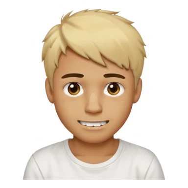 Male with short, messy blonde hair, large expressive golden-brown eyes, brown skin, scar over nose, crooked smile showing slightly damaged teeth, wearing a plain white t-shirt. sticker