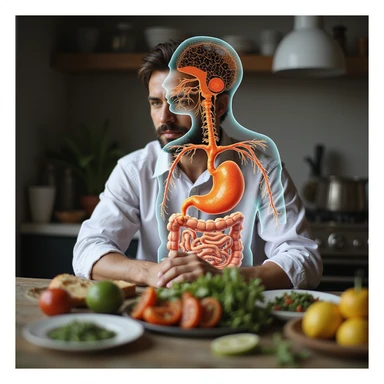 Italian man sitting at table with healthy foods, anatomical overlay showing digestive system and nutrient assimilation process, realistic style, vertical 9:16 aspect ratio sticker