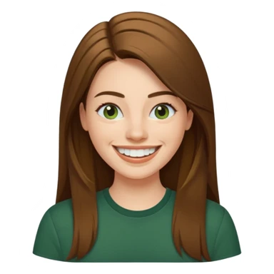 30 yr Caucasian woman long brown straight hair parted on side dark green shirt big smile white teeth sticker