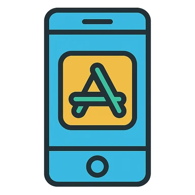 Flat design icon for 'Mobile App' depicting a smartphone outline with an app icon or app store logo, keeping the style professional and approachable. sticker