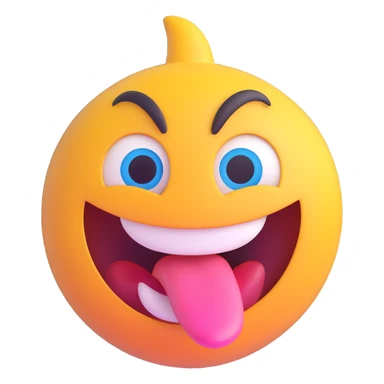crazy emoji with wild eyes, big grin, tongue out, vibrant colors, shiny and dimensional, front facing sticker