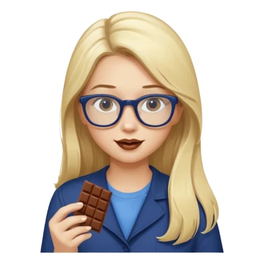 Blonde long haired girl with navy blue framed glasses eating chocolate with blonde eyebrows sticker