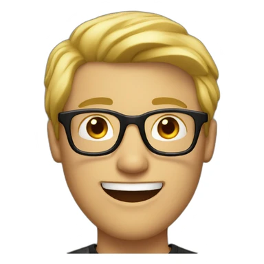 a man with blond hair with black glasses with small smile sticker