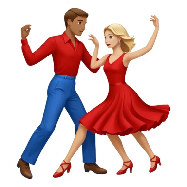 Two people. Man  wearing all red  with brown hair. Women iall blue with blond hair. Swing Dancing.  sticker