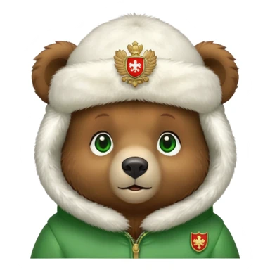 Adorable tiny brown bear face with sweet expression and green eyes, wearing only a white fur ushanka hat with clear Russian coat of arms, no body or clothing visible, iOS emoji style sticker