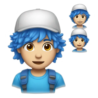A kid with white skin, Blue messy hair, red cap and a white shirt sticker