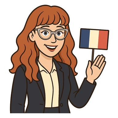 bitmoji style cartoon of a redhead woman with long wavy hair and bangs, wearing cat-eye clear-framed glasses, blue eyes, French teacher, professional and friendly sticker