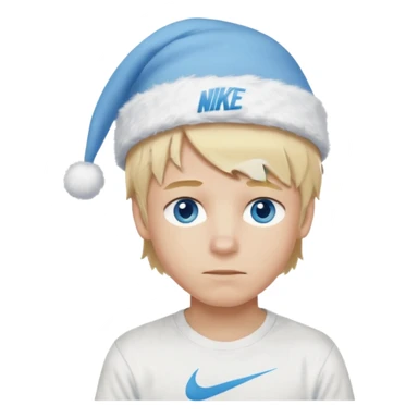 create boy blonde hair long messy, light eyes, white t shirt, rich, long hair, eyes blue, acessory head cristimas blue hat, long hair, t shirt nike sticker