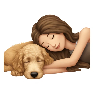 White girl straight  brown hair sleeping with golden doodle puppy  sticker
