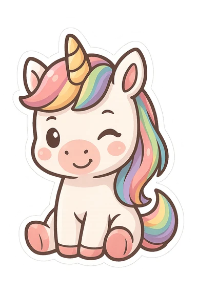 chibi sticker-style unicorn with a winking face and rainbow mane, cute and exaggerated sticker