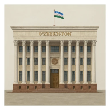 «Реалистичная живописная стильная прорисовка. Здание правительства узбекистана строго в анфас, прямо спереди, без наклона и без перспективы. Покажи ВСЁ здание целиком — сверху донизу и слева направо — с большим свободным полем вокруг, чтобы НИЧЕГО не обрезалось. На крыше должен быть флаг Узбекистана. Никаких деревьев, людей, фонтанов, автомобилей, тени от объектов и окружающей среды. Только полностью целое здание на однотонном чистом фоне (белом или светло-сером). Обязательно: “НЕ кадрировать, НЕ обрезать, оставить запас места вокруг здания». sticker