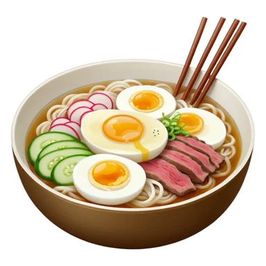 Korean cold noodles naengmyeon in a bowl with clear broth sliced egg beef cucumber and radish sticker